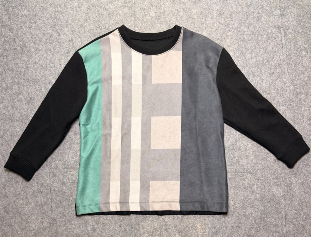 Colorblock Plaid Panel Sweatshirt Mens L Black Mint Gray Boxy Crew Neck Pullover